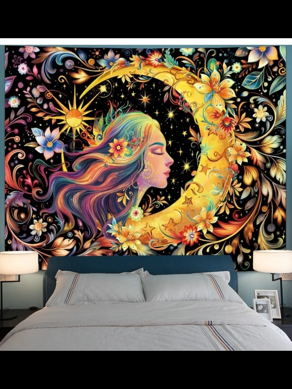 Bohemian Moon Goddess Wall Art Print - Vibrant Multicolor. 59x51